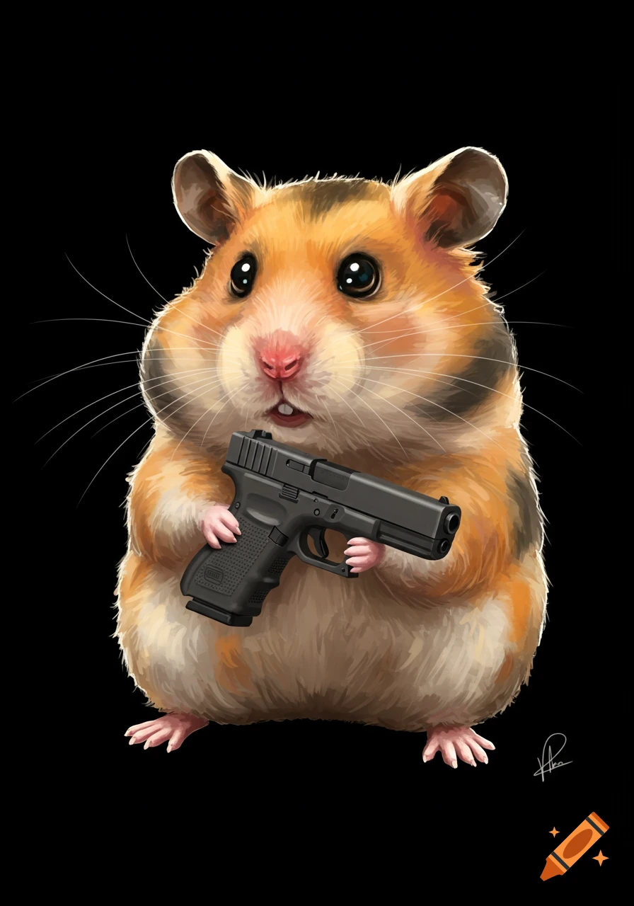 Illustration of a hamster holding a Glock pistol on a black background.