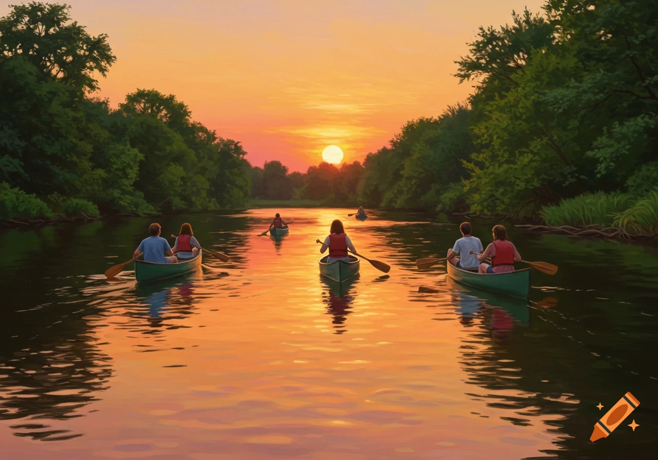 People canoe down a river at sunset with trees lining the banks in a painted style.