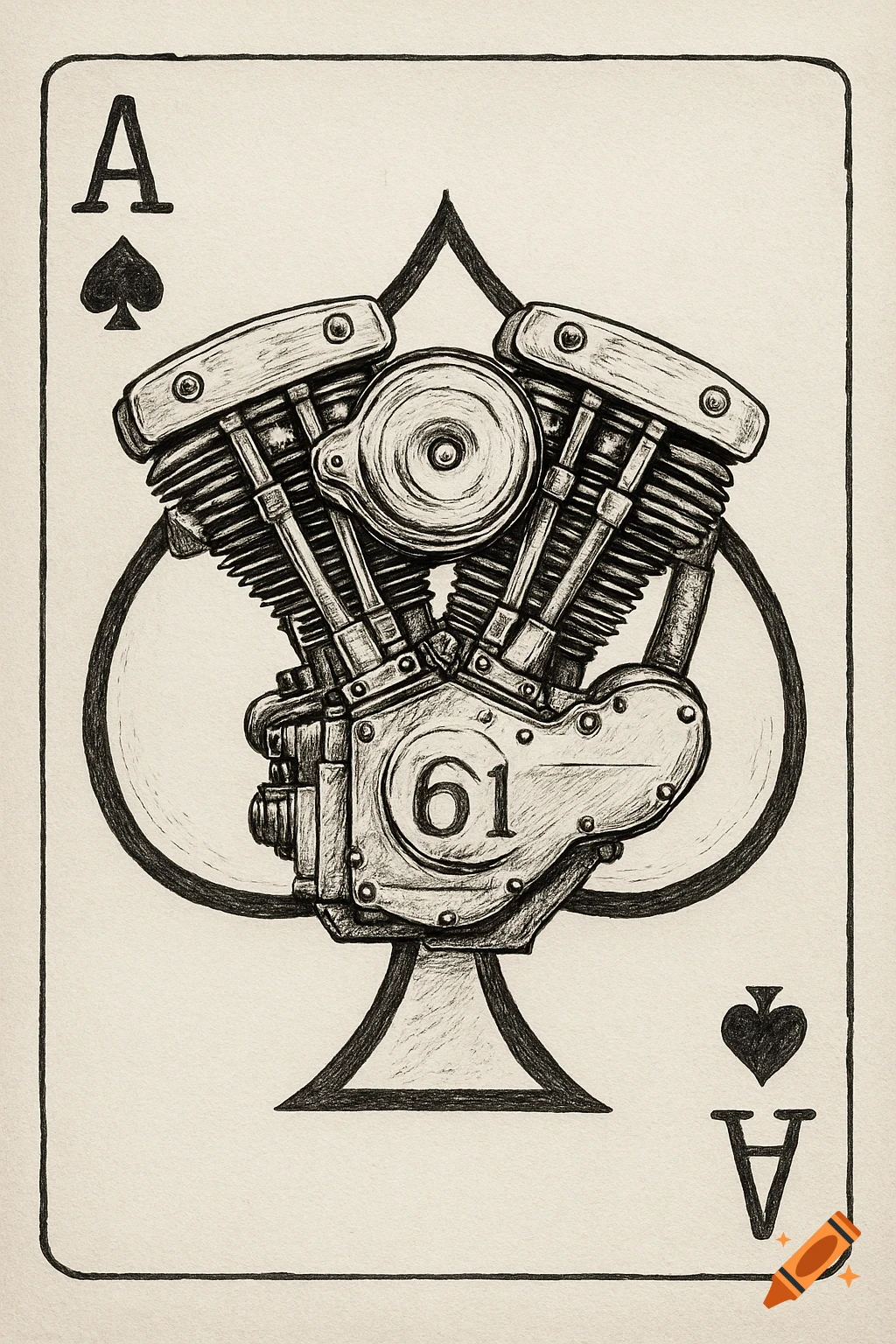 Black and white sketch of a motorcycle engine inside an Ace of Spades playing card.