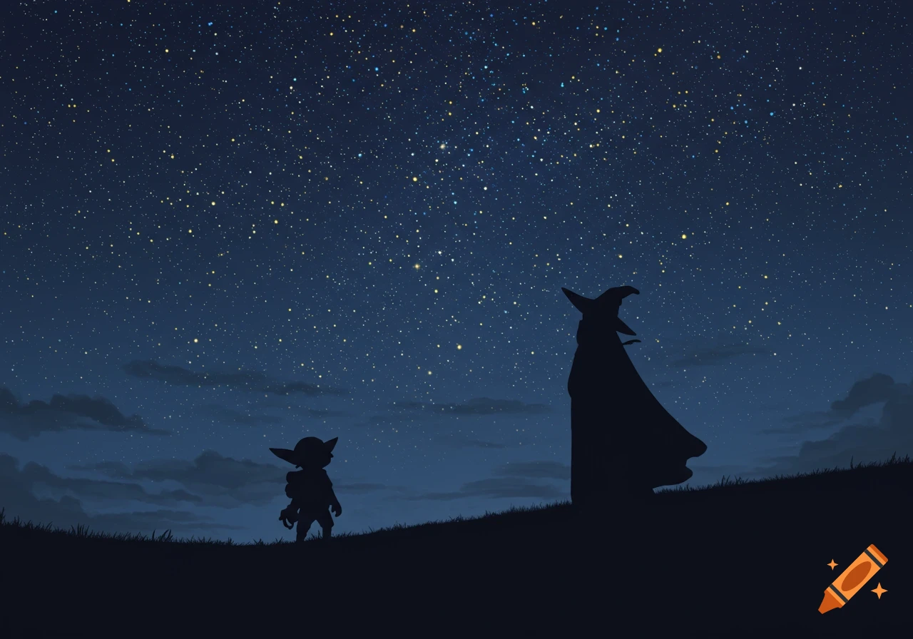 Silhouettes of a goblin and wizard on a hill looking at a starry night sky