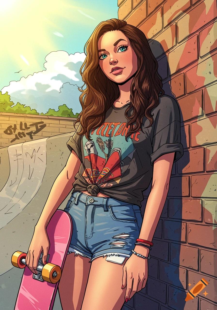 A stylized illustration of a young woman holding a skateboard in a skate park.