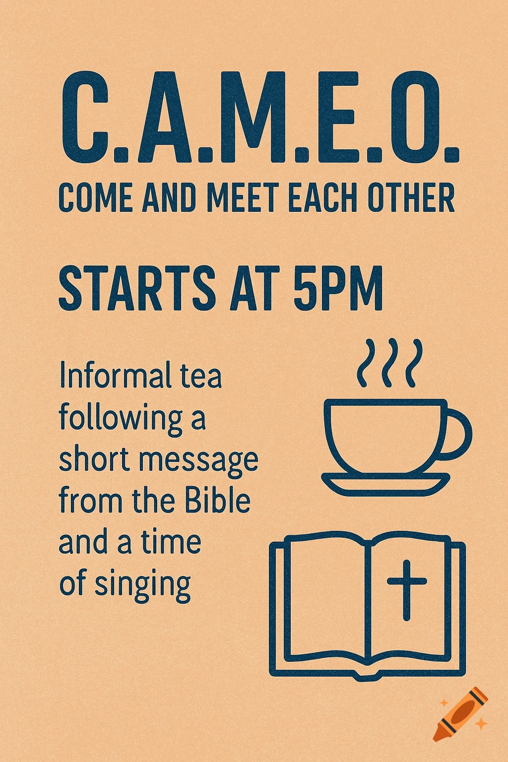 Flyer for CAMEO event with text details, teacup, and Bible icons on a beige background.
