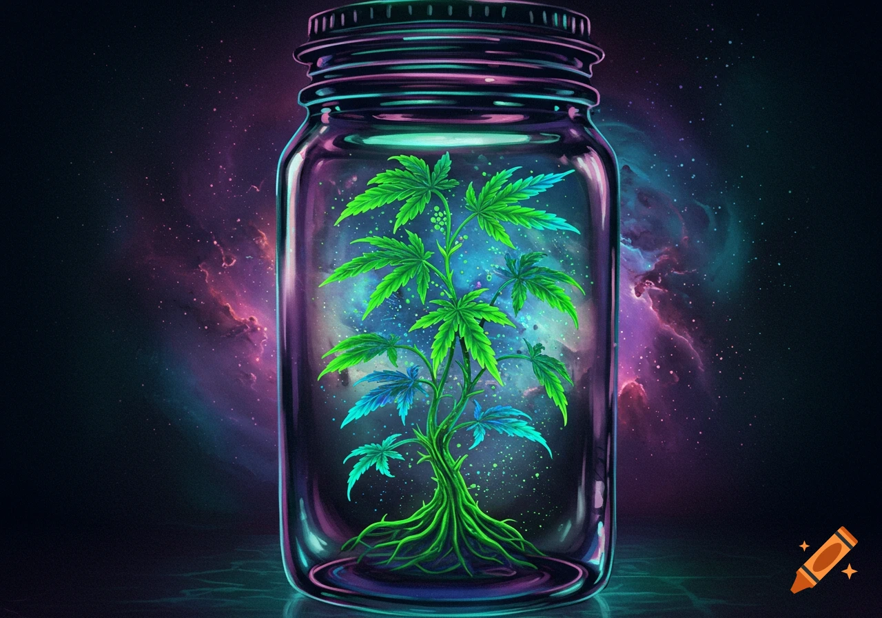 A cannabis plant glows inside a glass jar against a starry galaxy background in a neon sci-fi style illustration.