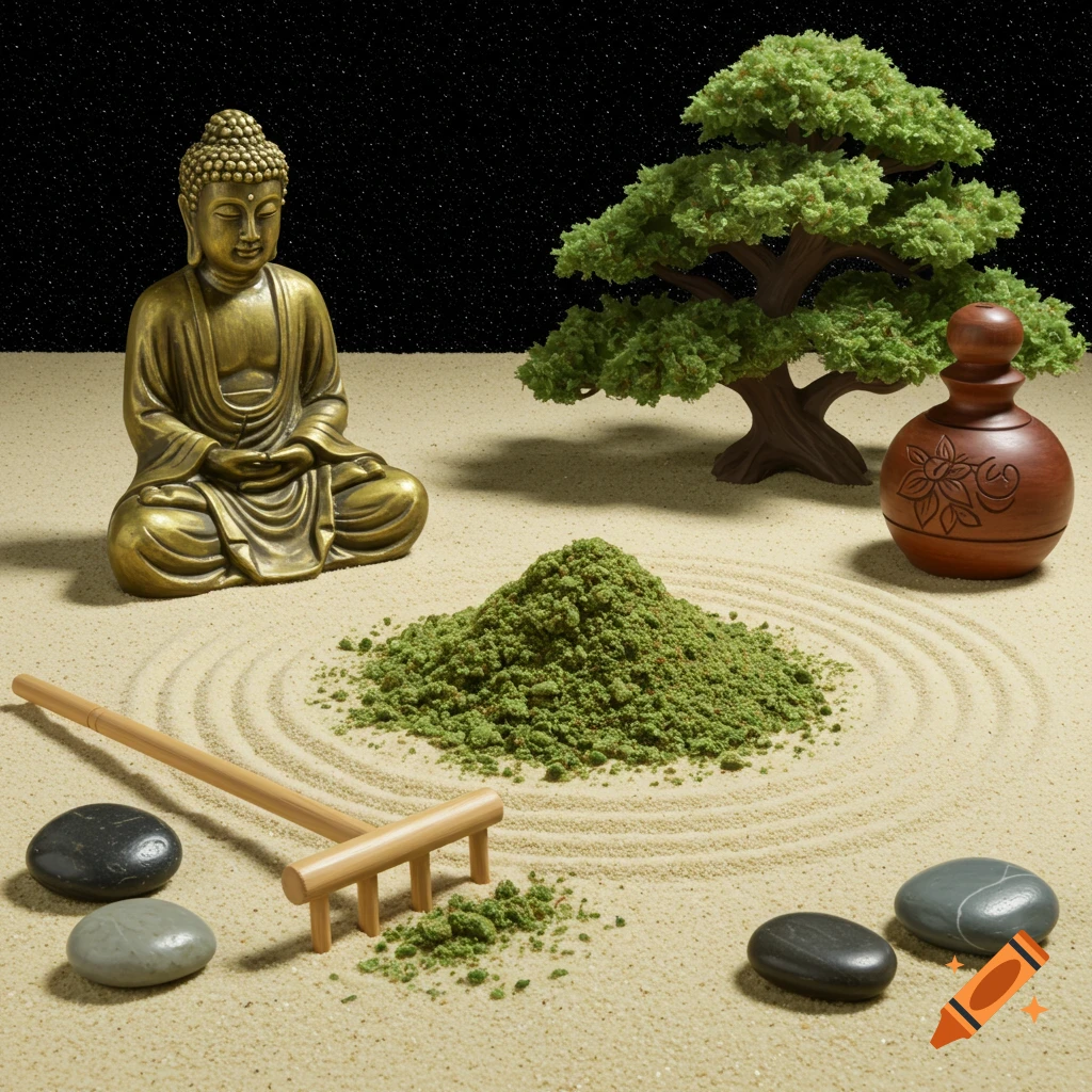 A still life of a mini zen garden with a Buddha statue, rake, stones, and a pile of green kief instead of sand.