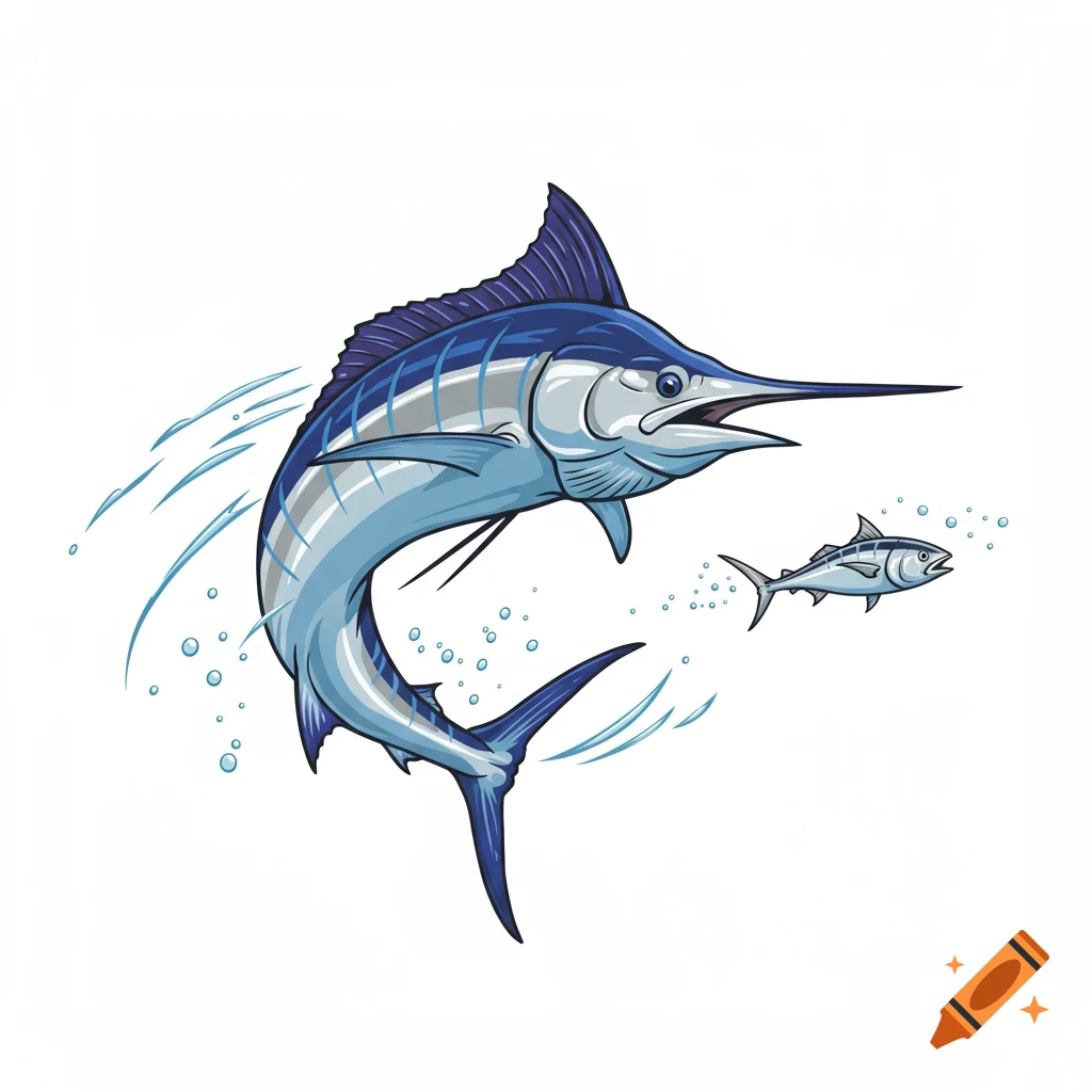 A stylized blue marlin fish jumps out of the water, chasing a small baitfish.