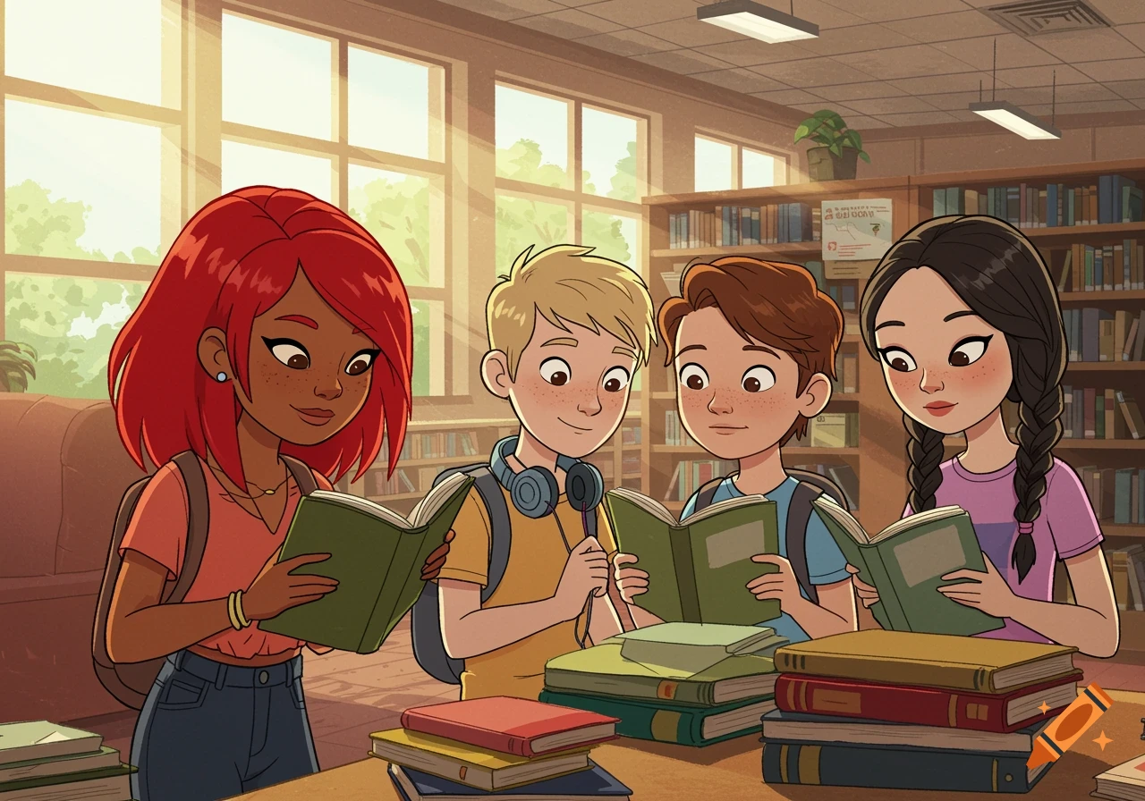 Cartoon of four teens reading books together in a sunny library.