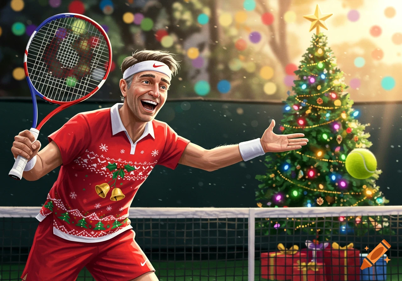 A man in a Christmas sweater plays tennis next to a decorated Christmas tree.
