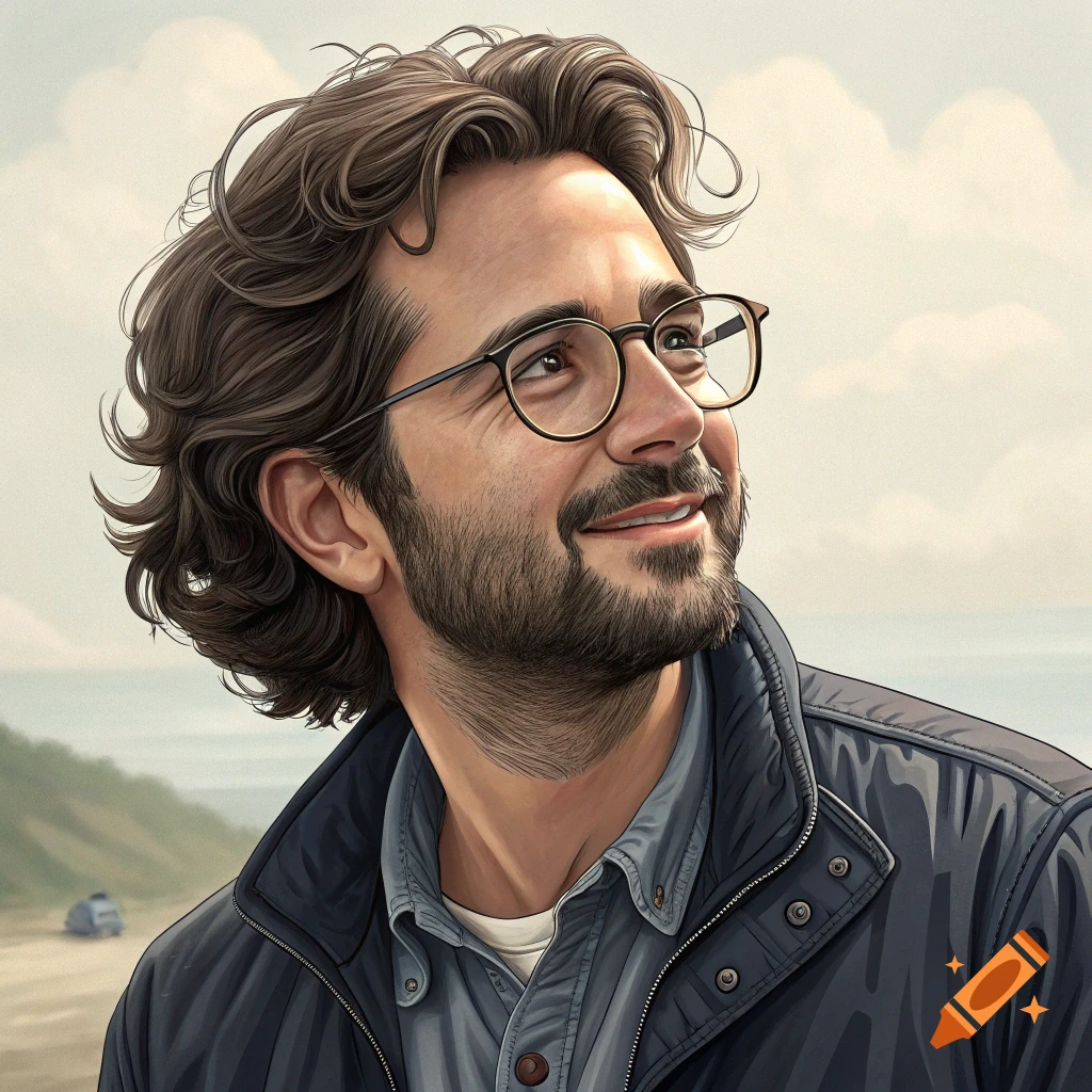 A portrait of a man with glasses and a beard, looking up and smiling, with a beach background.