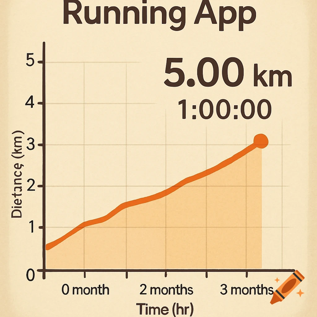 A graph titled 'Running App' showing distance in km over 3 months, ending at 5.00 km in 1 hour.