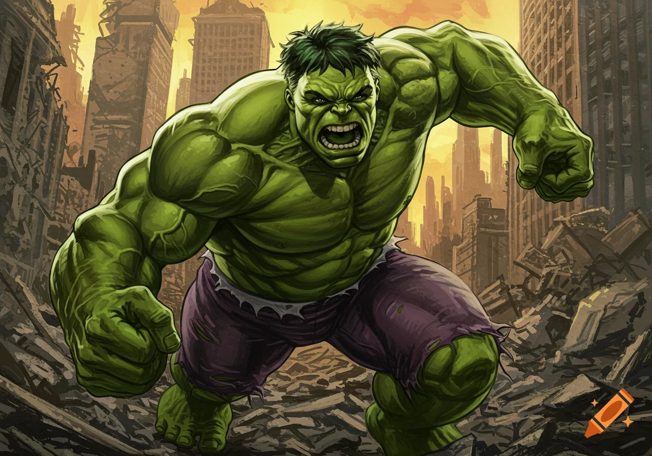 The Incredible Hulk rages through a destroyed city in comic book style ...
