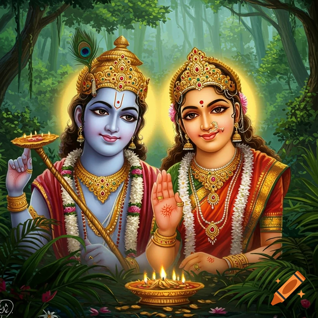 Mahalakshmi and Mahavishnu smiling and blessing in a forest setting.