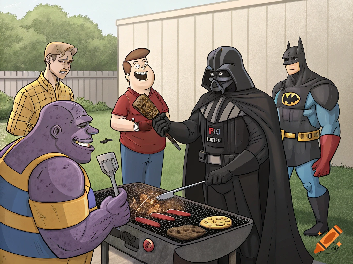 Thanos, Darth Vader, Batman, and other characters are having a barbecue in a backyard in a cartoon style.