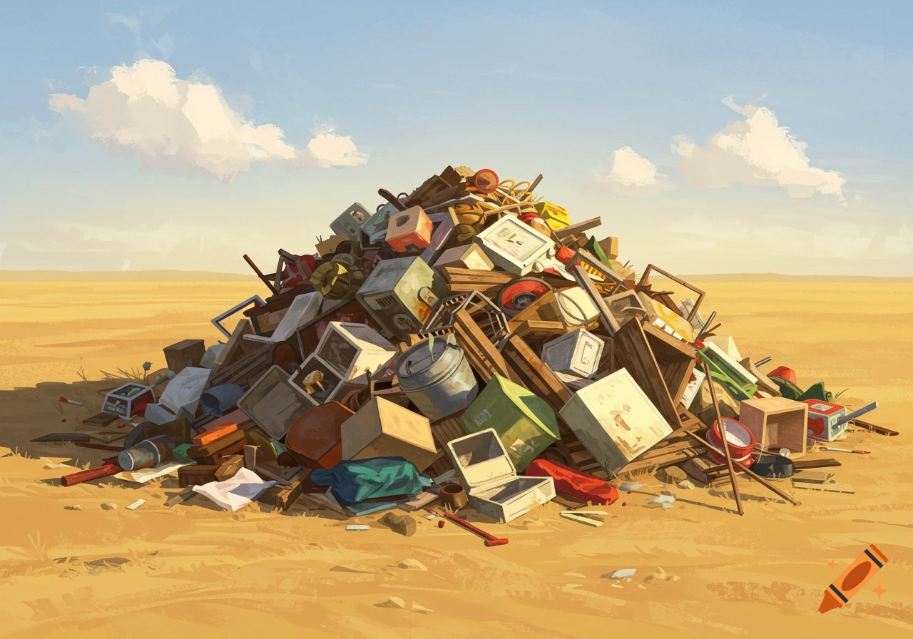 Large pile of junk and discarded objects in a flat, empty field under a cloudy sky.