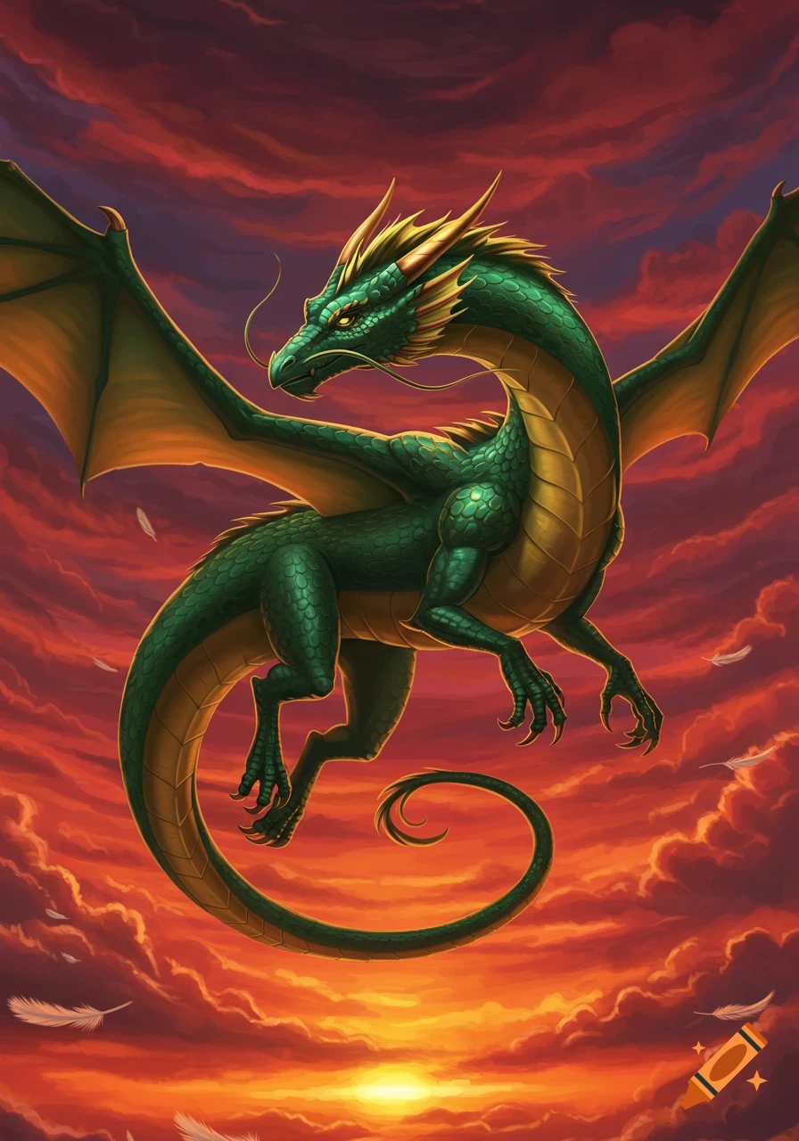 A green dragon flies through a dramatic red and orange sky filled with clouds.