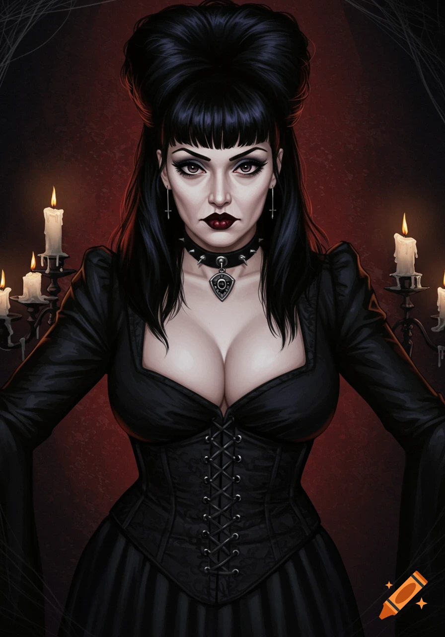 A portrait illustration of a goth woman in a black dress with a spiked collar and dark makeup, standing near candles.