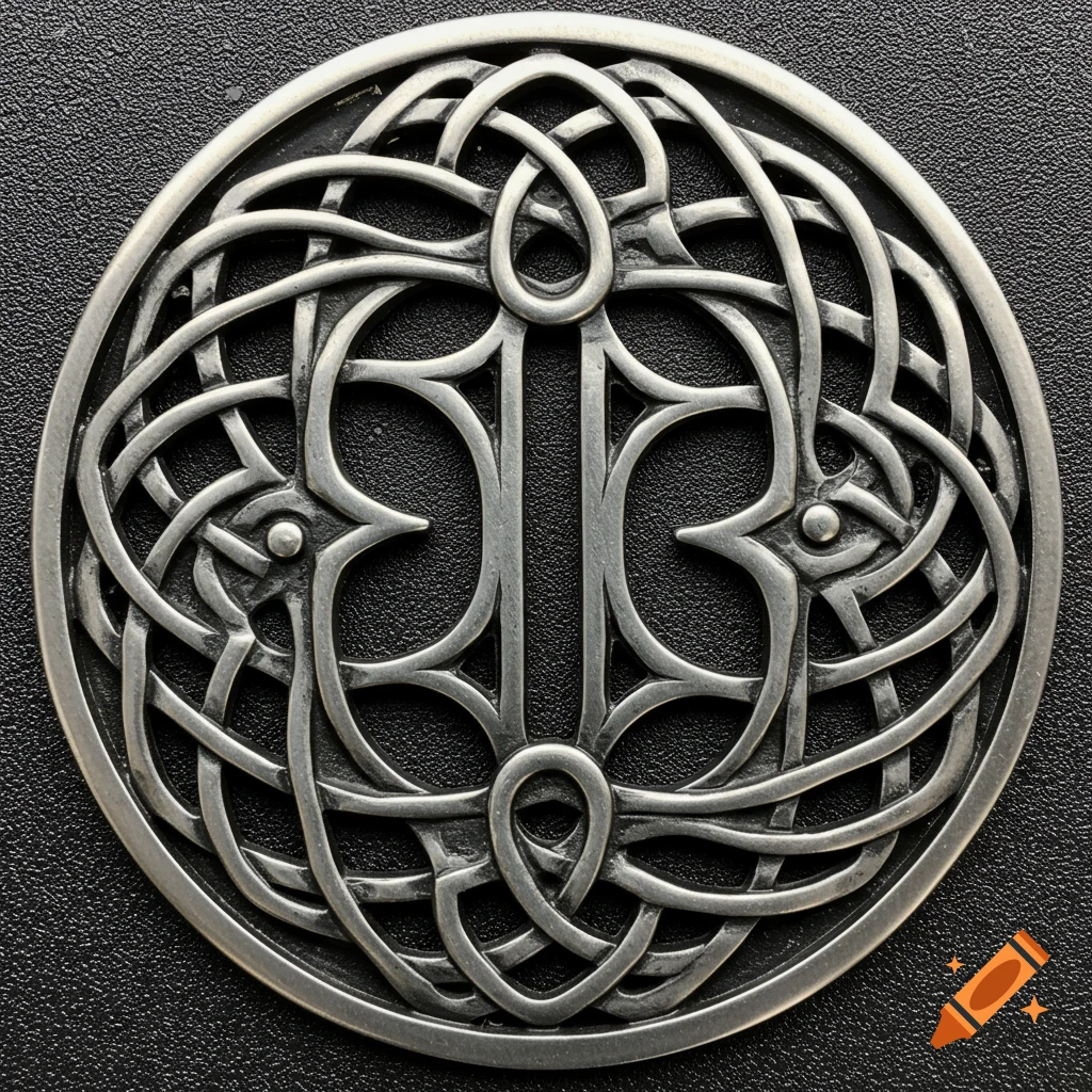 A detailed metal Celtic knot symbol on a black background.