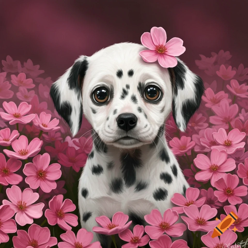 A cute Dalmatian puppy with big eyes sits among pink flowers, wearing a pink flower on its head.