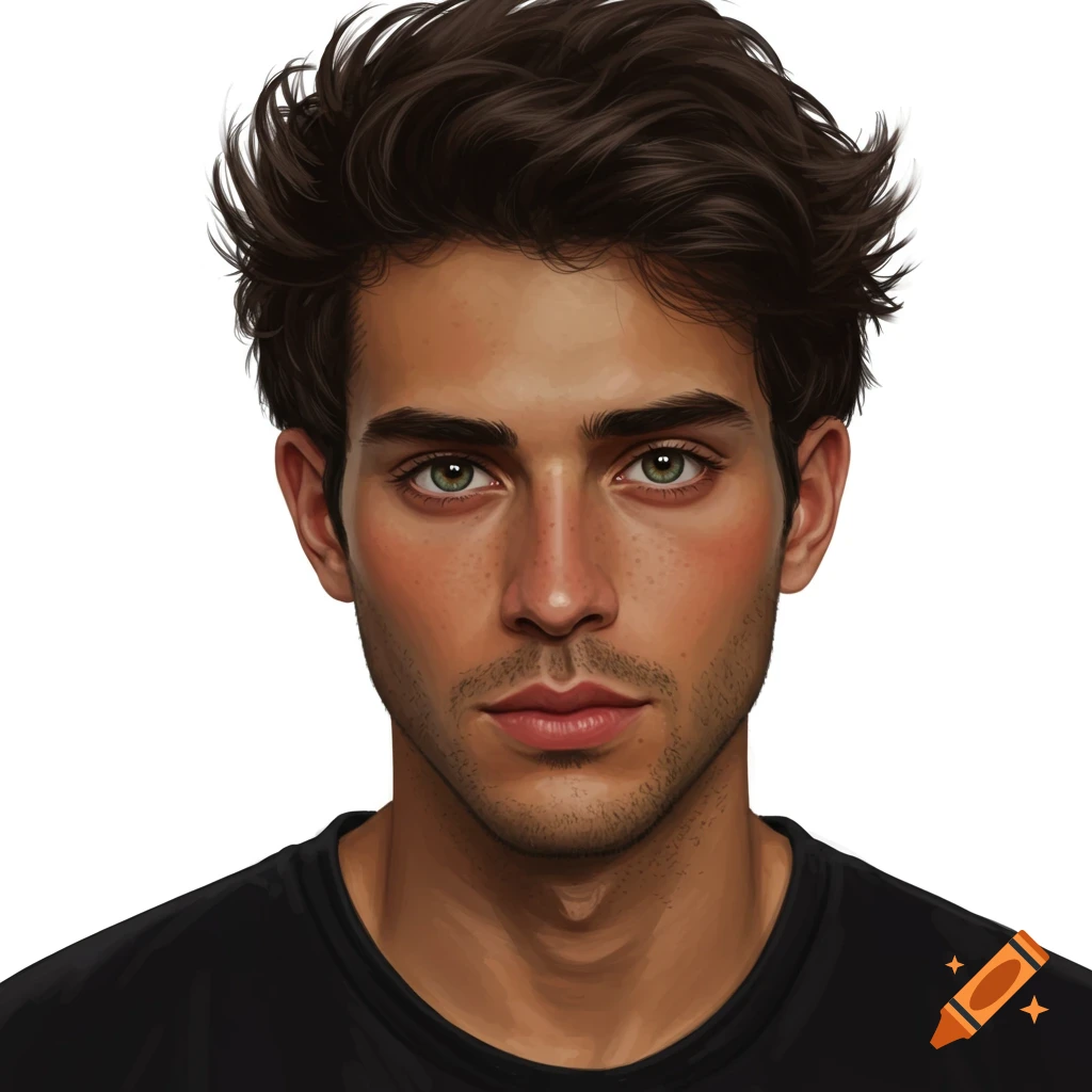 Close-up portrait of a man with messy brown hair and green eyes in a digital painting style.
