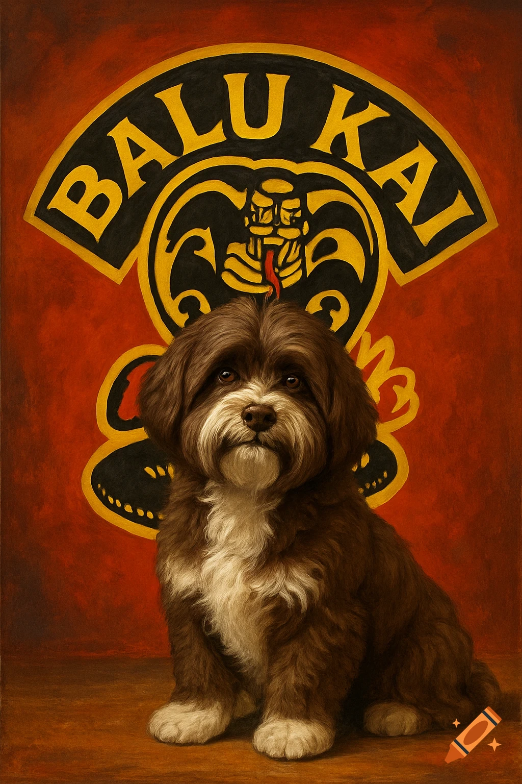 A brown havanese dog sits in front of a painting of a logo with a cobra and the text BALU KAI.
