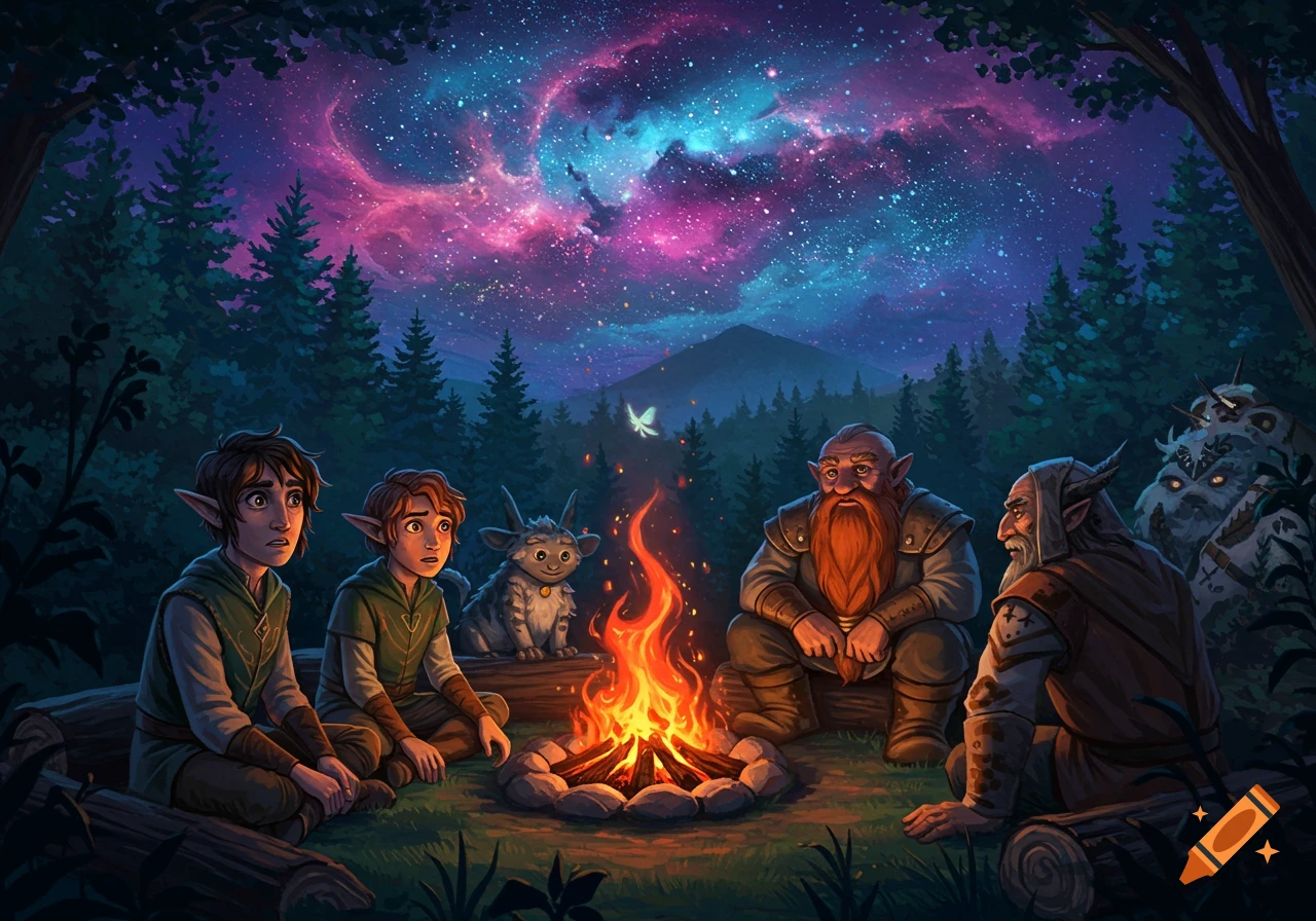 Fantasy characters sit around a campfire under a starry night sky in a forest, illustrative style