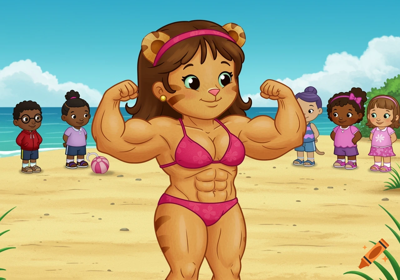 A muscular cartoon tiger character in a pink bikini poses on a beach while children look on.