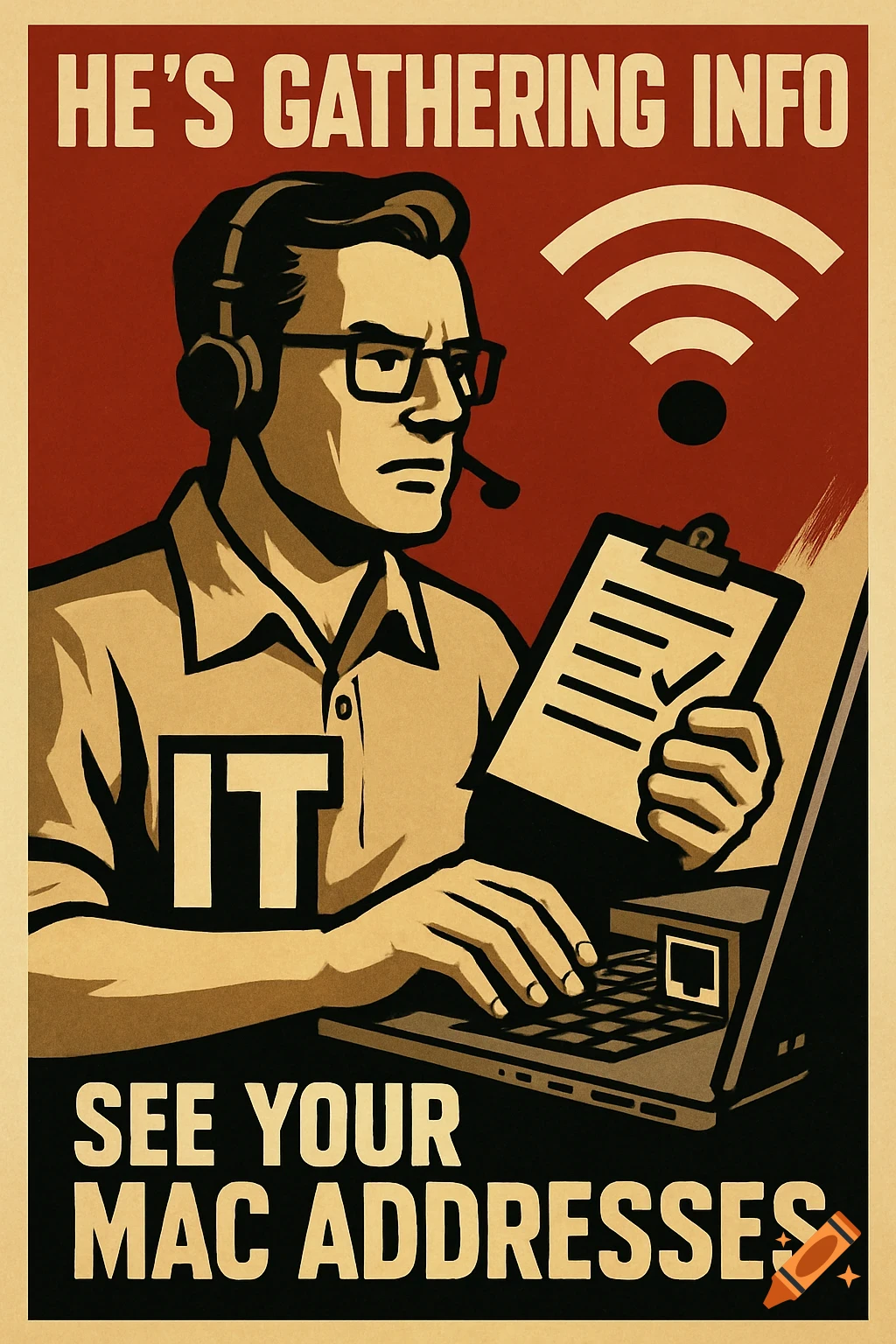 Propaganda style poster of an IT tech gathering info on a laptop. Text reads 'HE'S GATHERING INFO' and 'SEE YOUR MAC ADDRESSES'.