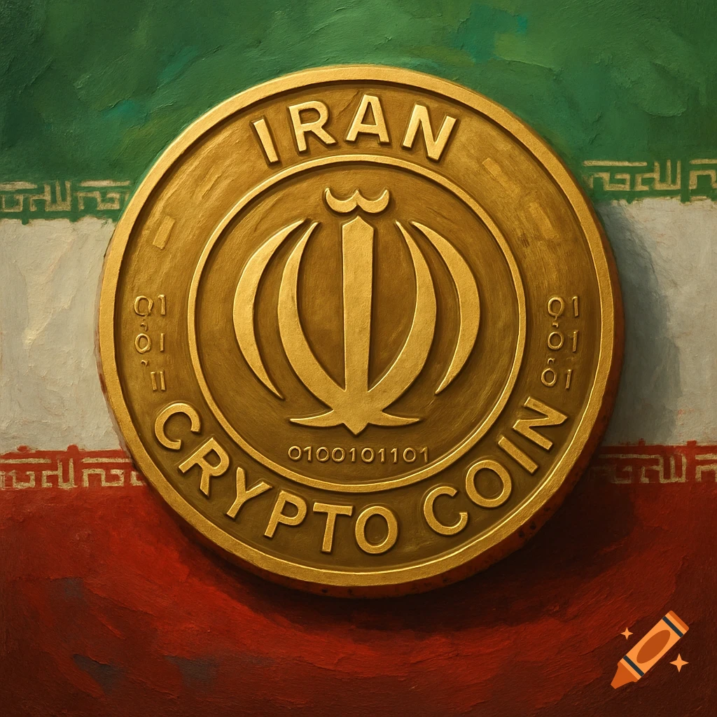 Gold coin with 'Iran Crypto Coin' text against a painterly Iranian flag.