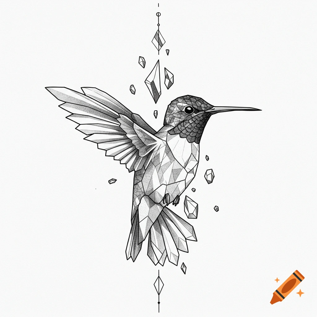 Black and white geometric illustration of a hummingbird surrounded by crystals.