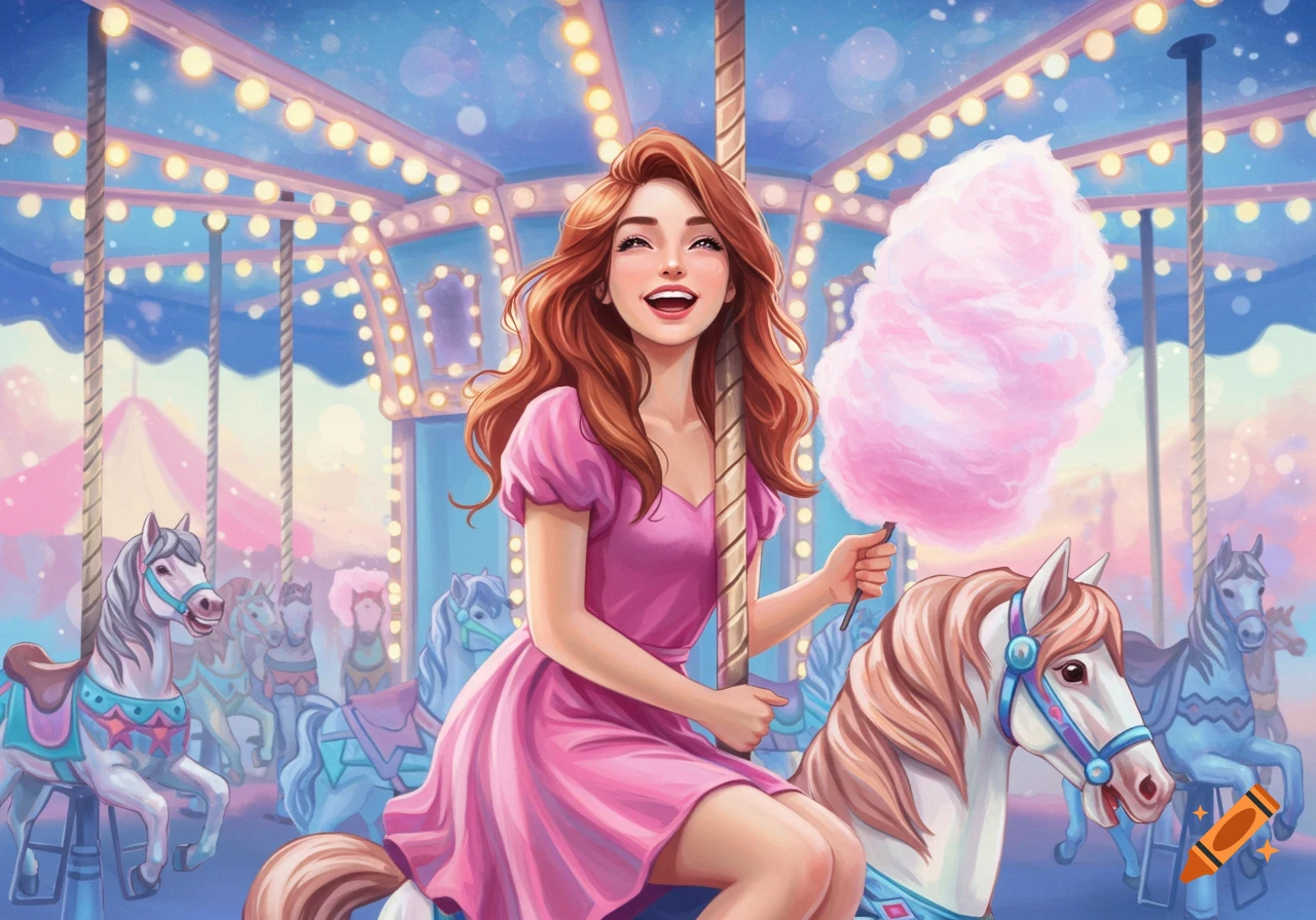 A woman on a carousel horse holds cotton candy in a bright, colorful illustration of a fairground.