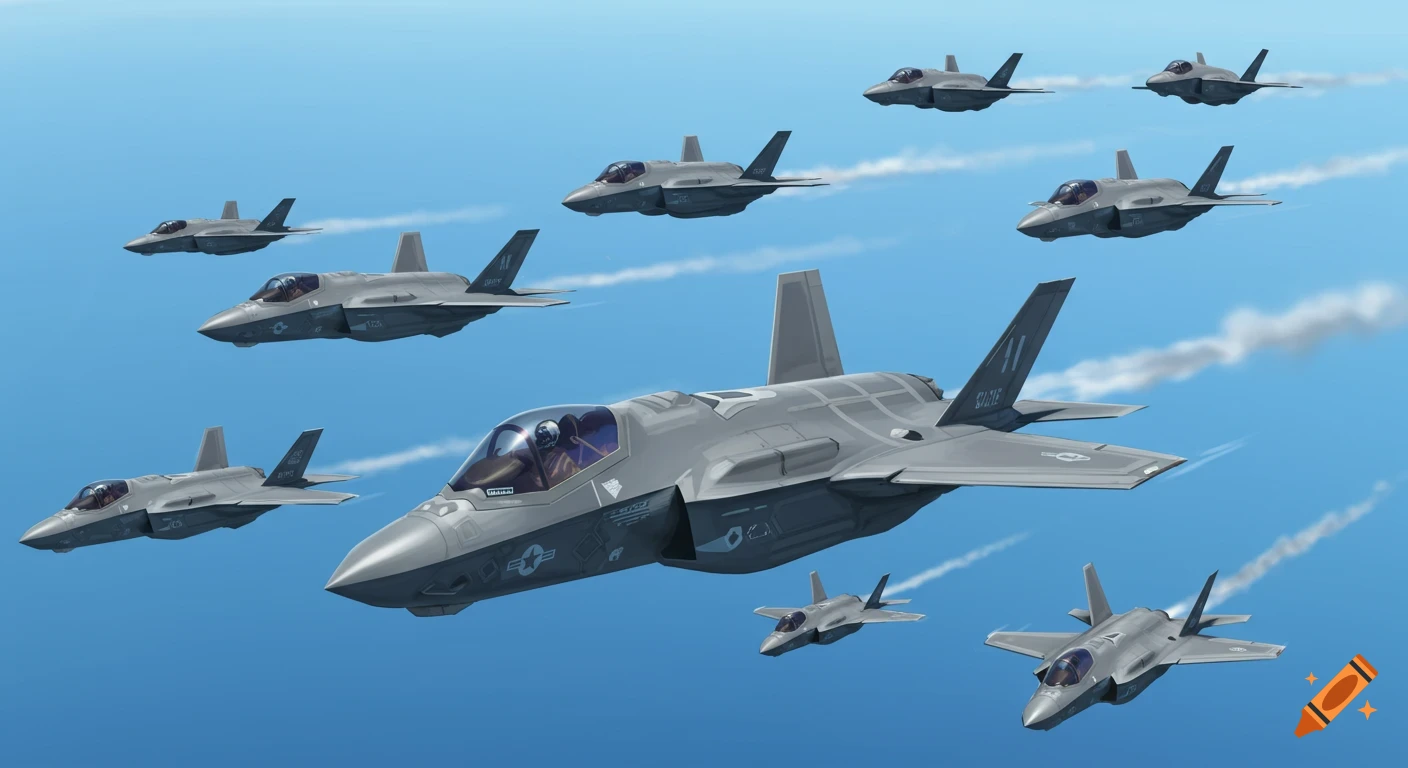 Formation of F-35 fighter jets flying in the sky, digital illustration