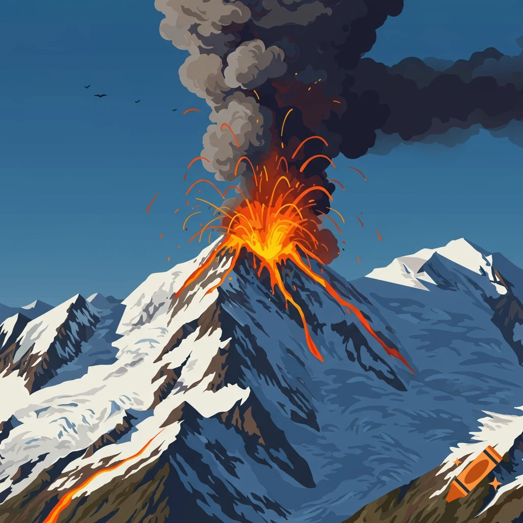 Stylized illustration of a snow-capped mountain erupting with lava and smoke.