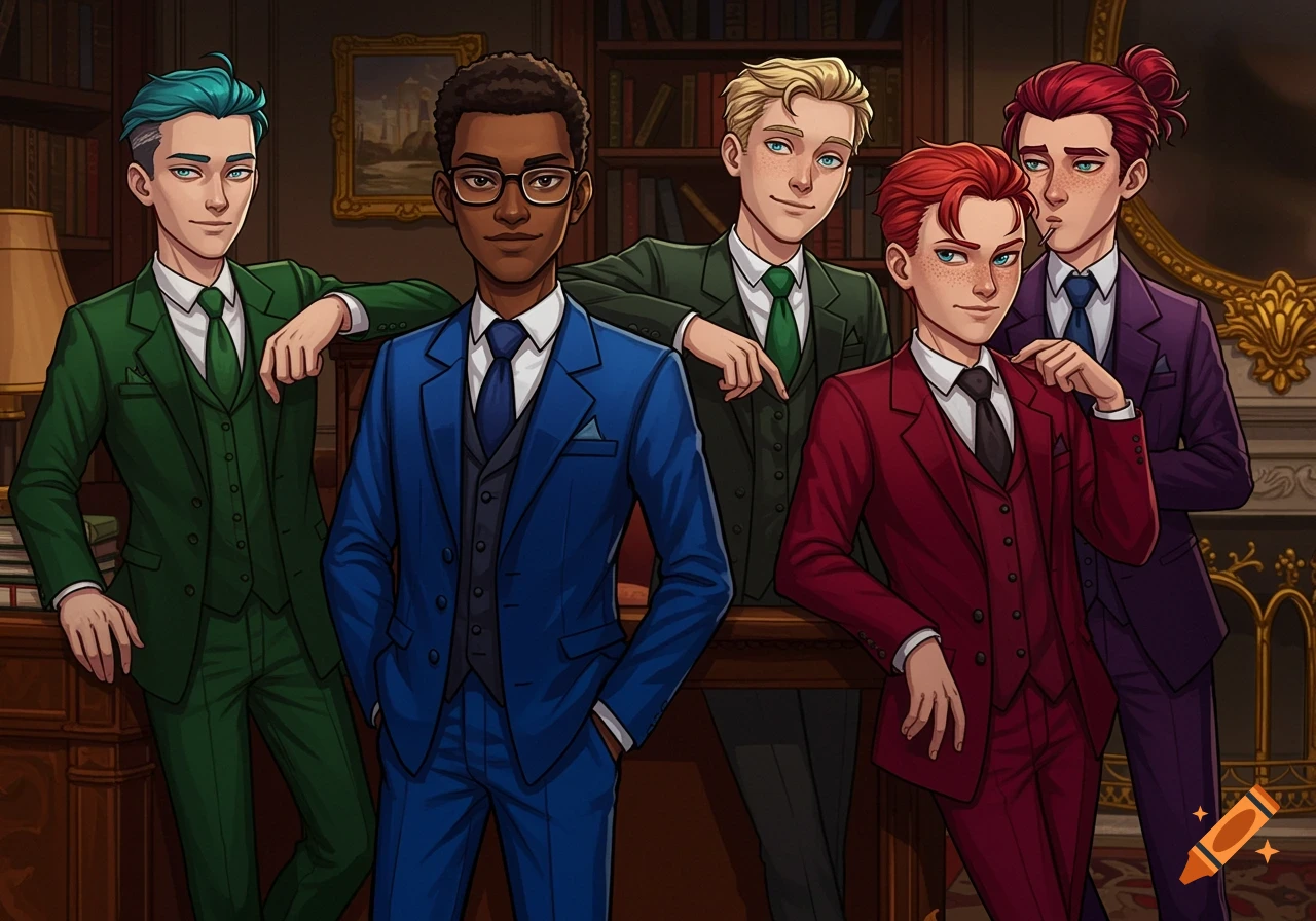 Five cartoon men in colorful suits pose in a library.