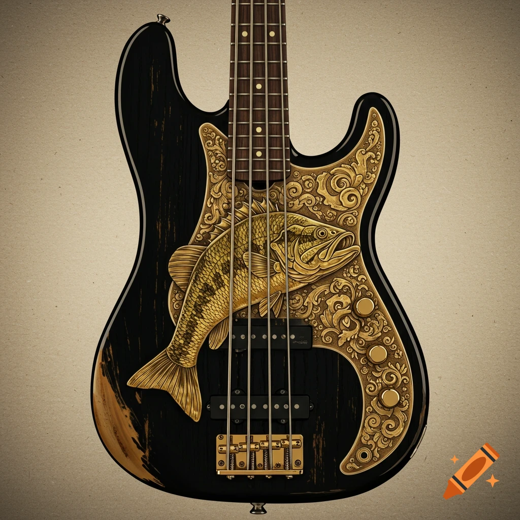 A black bass guitar with a large, ornate golden engraving of a fish and decorative scrolls.