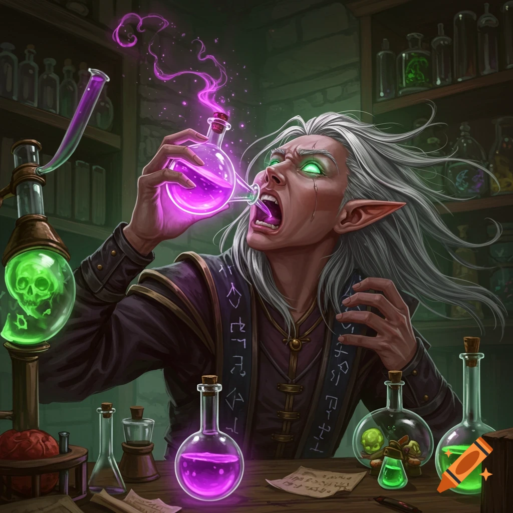 Elven alchemist frantically drinking a glowing potion in a lab filled with flasks and bubbling liquids, fantasy art style
