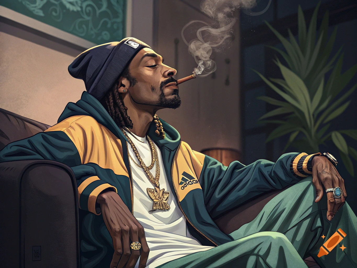 Digital illustration of Snoop Dogg smoking a blunt while sitting in a chair wearing a tracksuit and jewelry.