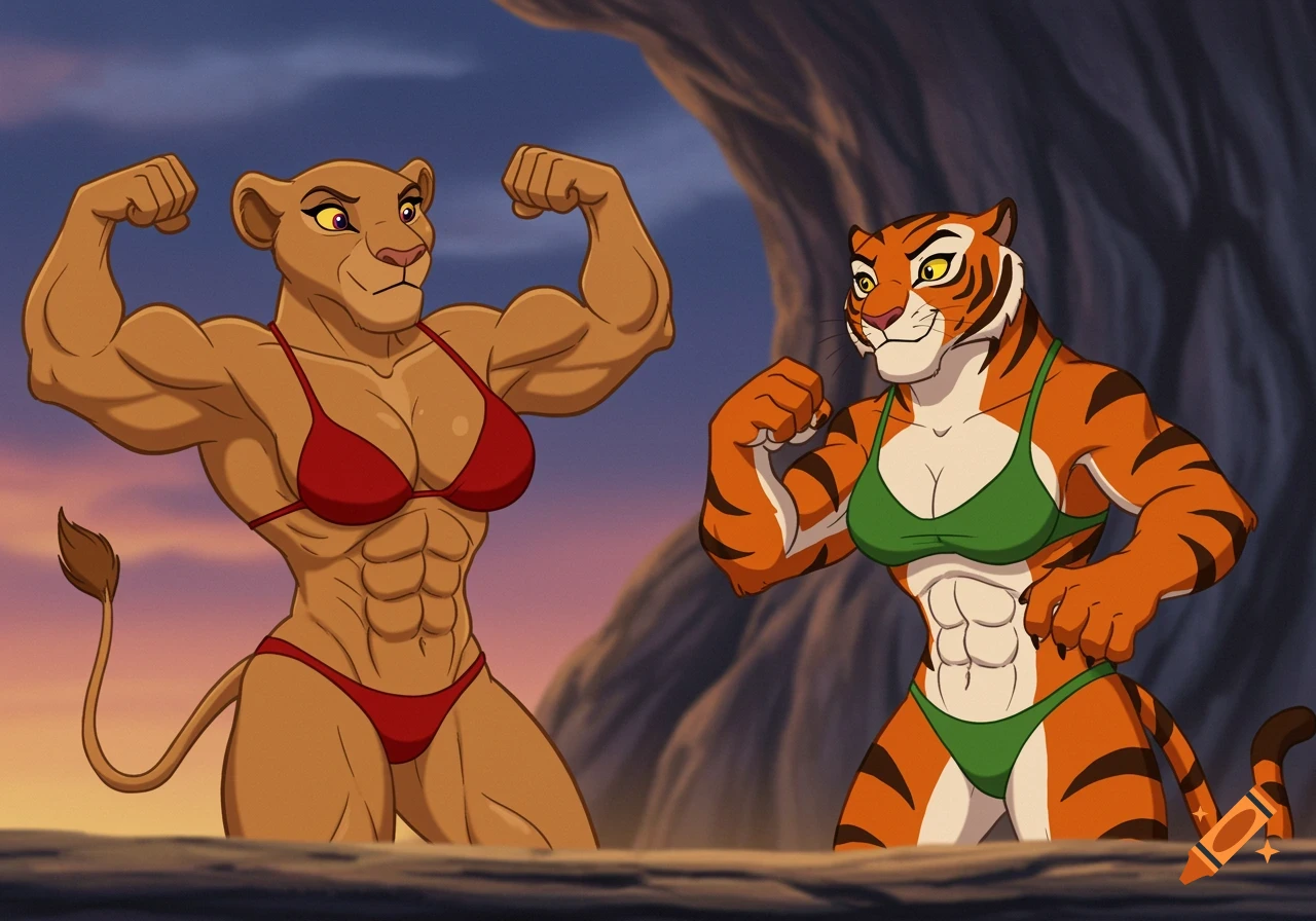 2D animated anthropomorphic lioness and tigress in bikinis flexing muscles.