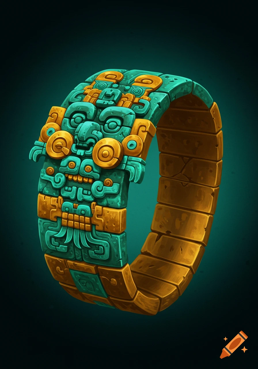 A stylized rendering of an ancient armband made of segmented teal and gold blocks, decorated with intricate faces and patterns.