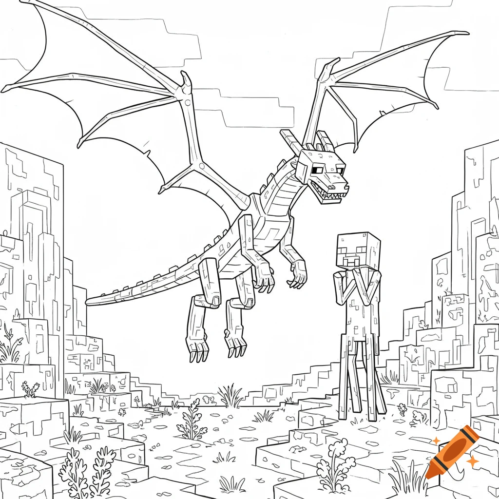Line art coloring page of a Minecraft Ender Dragon flying towards an Enderman.