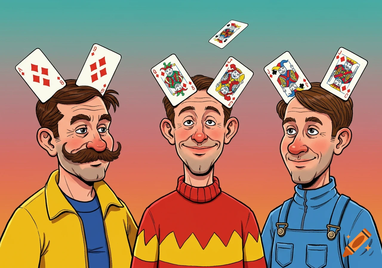 Cartoon of three men with playing cards on their heads