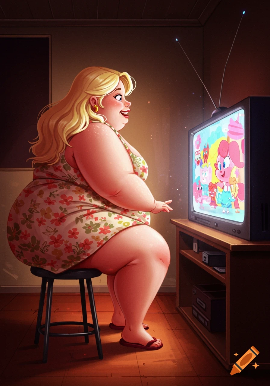 A cartoon illustration of a woman sitting on a stool watching television in a dimly lit room.