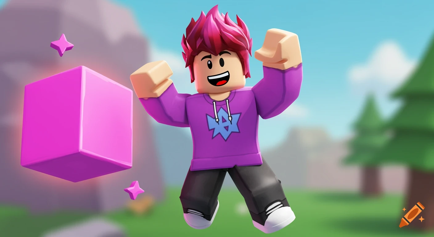 A Roblox-like avatar jumps next to a pink cube and stars in a 3D rendered scene.