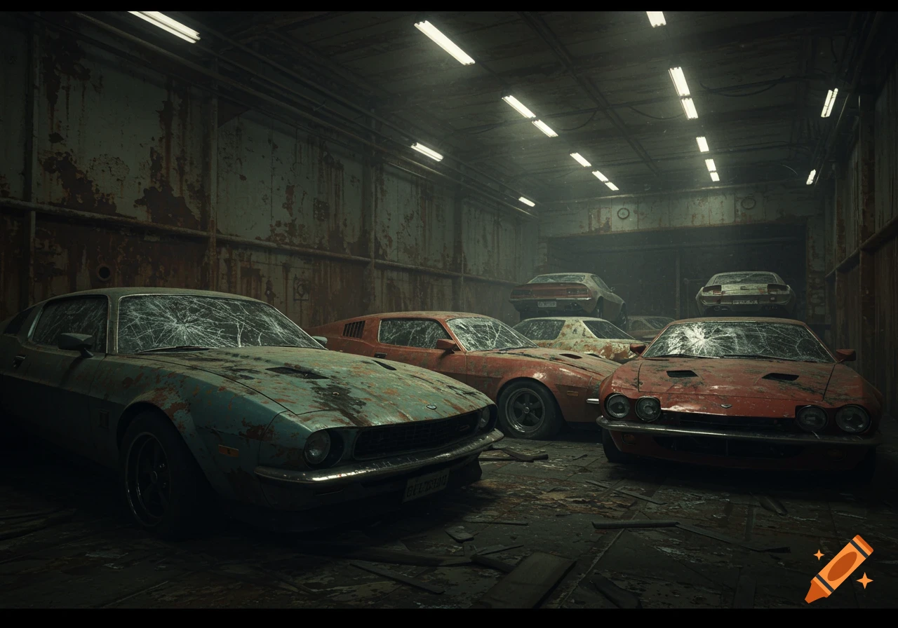 Abandoned, rusty sports cars in a dark, dilapidated garage.
