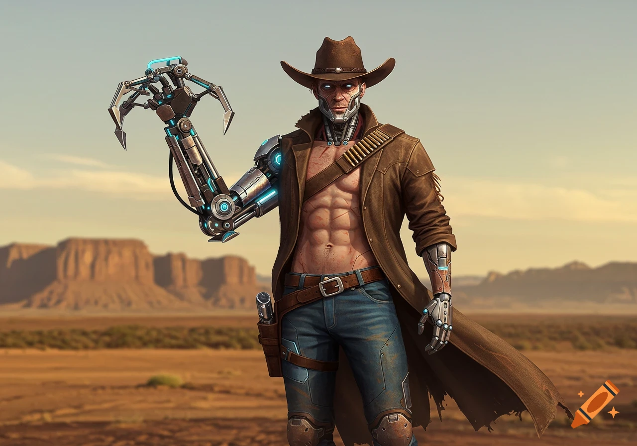 A futuristic humanoid cyborg cowboy with a large mechanical claw arm stands in a desert landscape.