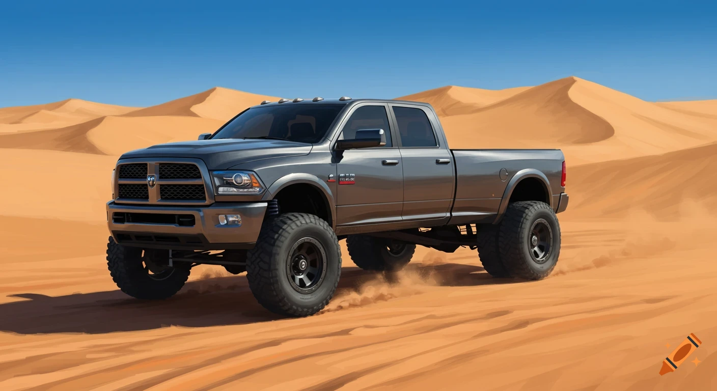 A grey Ram 3500 truck parked in a sandy desert landscape