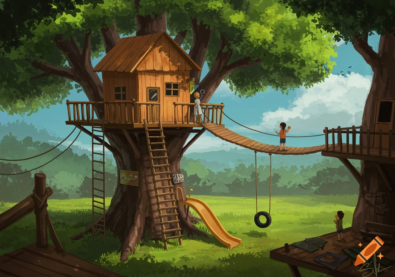 An illustration of children playing at a large treehouse complex with ladders, a bridge, a slide, and a tire swing.