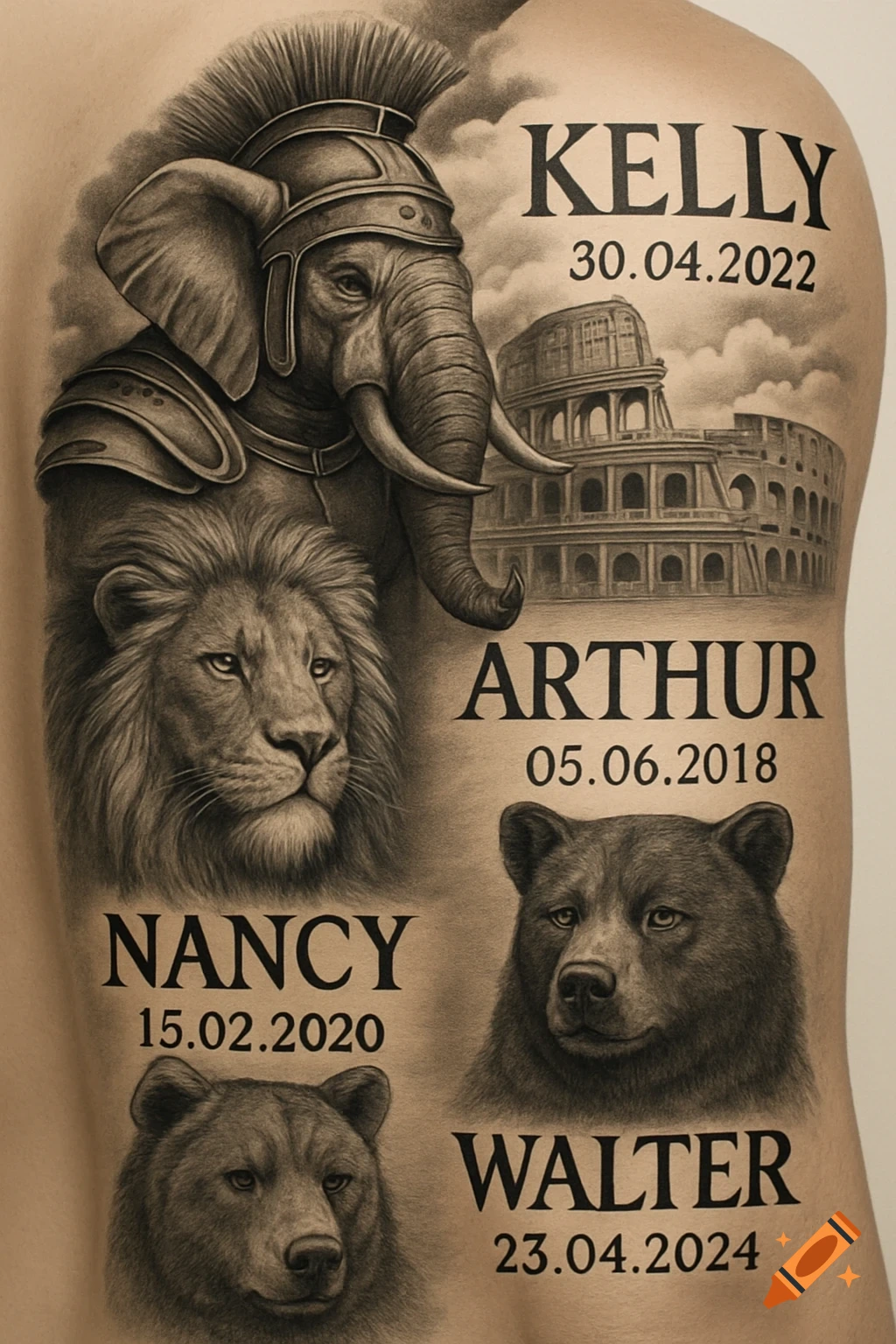 Sketch-style tattoo design with an elephant warrior, lion, and two bears, alongside names, dates, and the Colosseum.