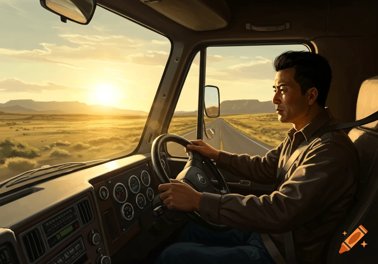 Man driving a truck through a desert landscape at sunset, painted style.