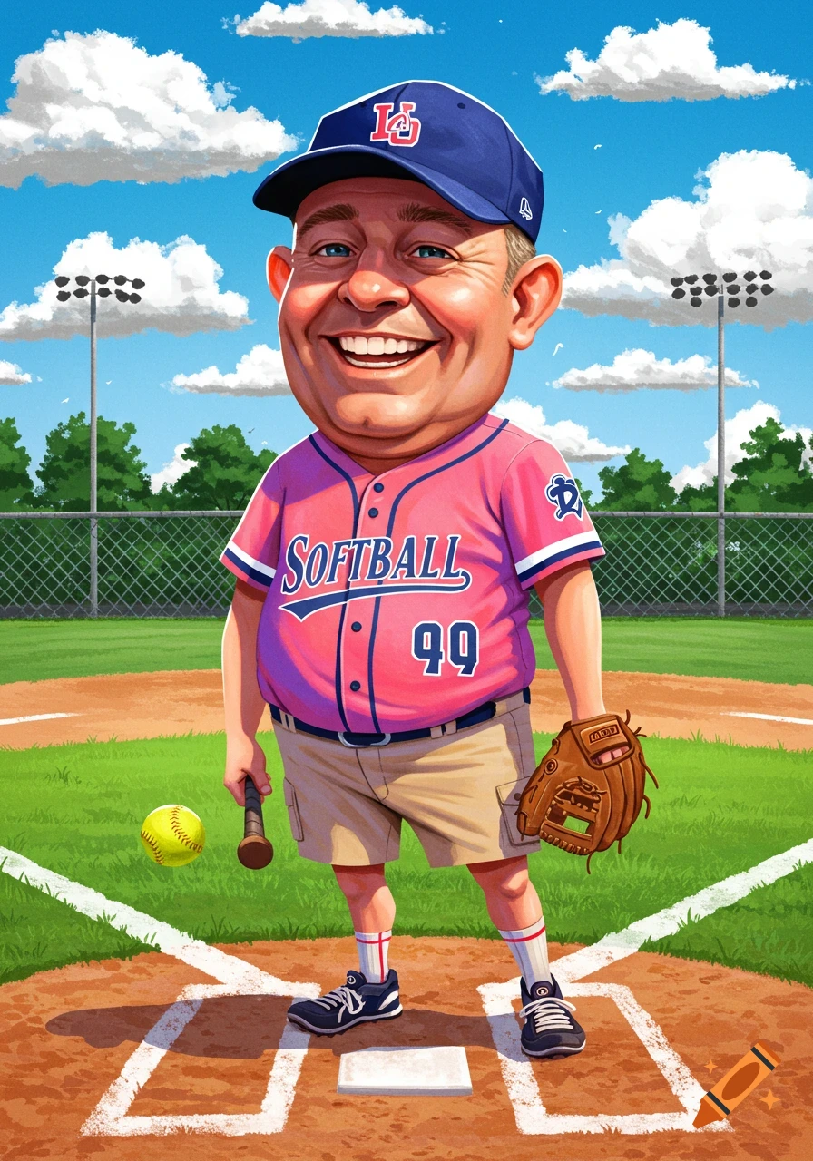 A caricature of a smiling man in a pink softball jersey, cap, and shorts, holding a bat and glove on a baseball field.
