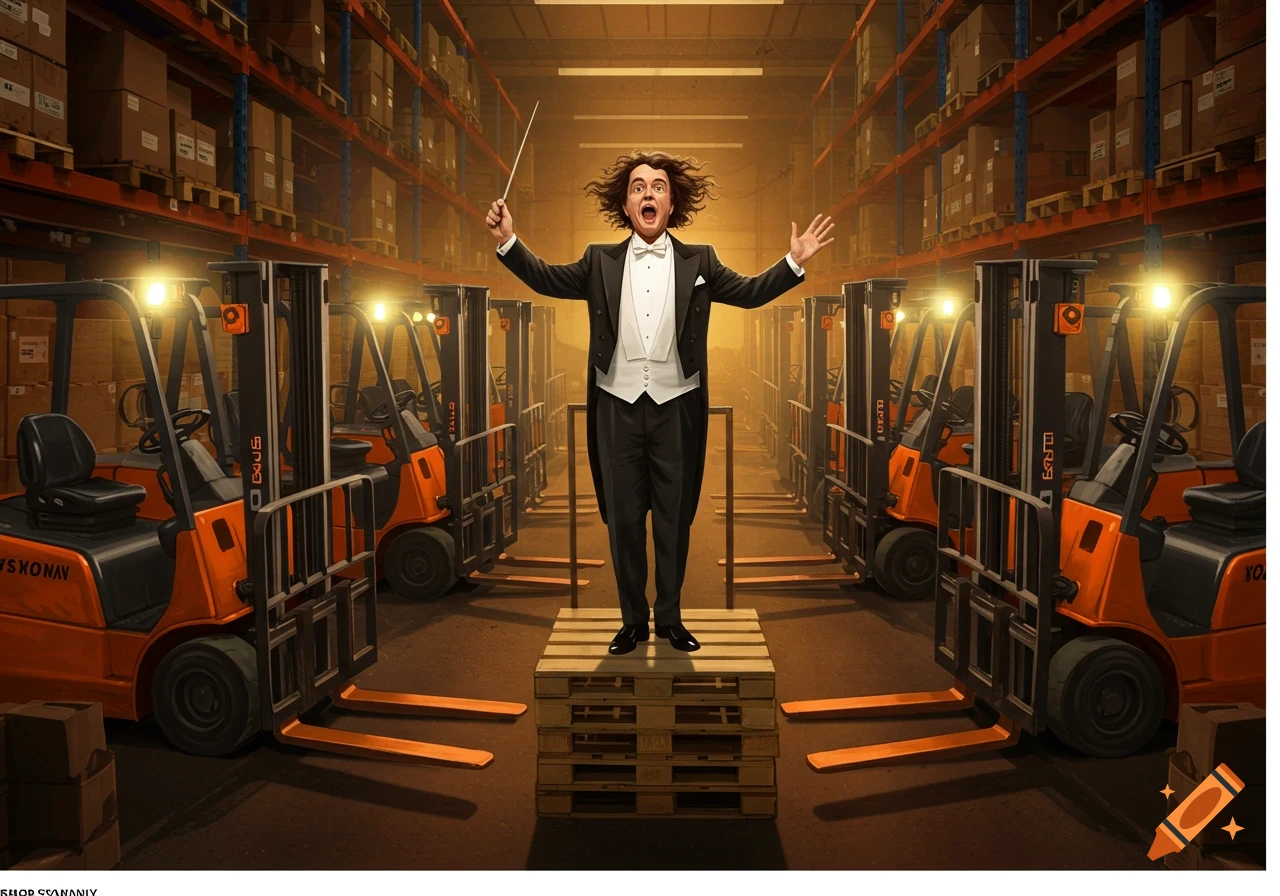 Orchestra conductor directs a warehouse of forklifts.