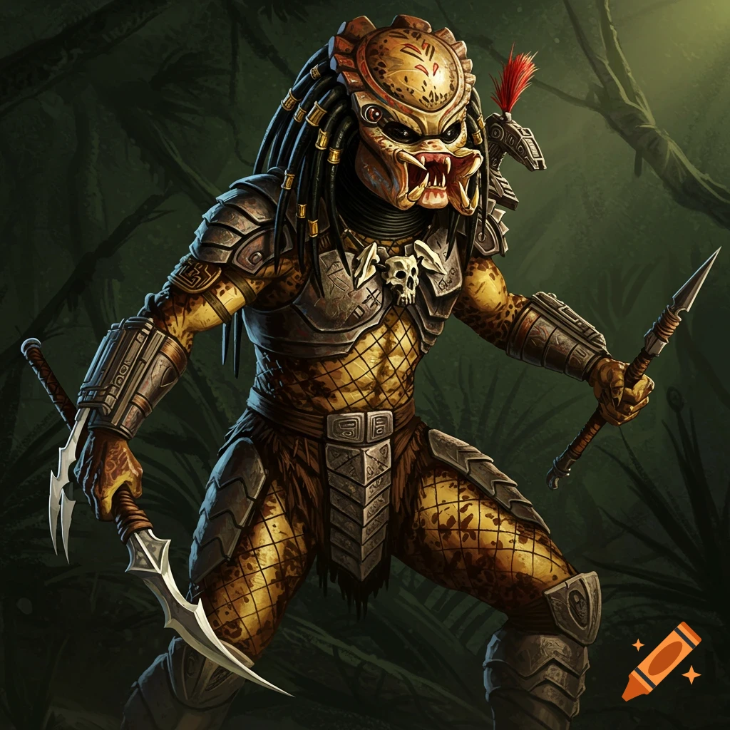 Predator alien in ornate armor holding blades in a jungle